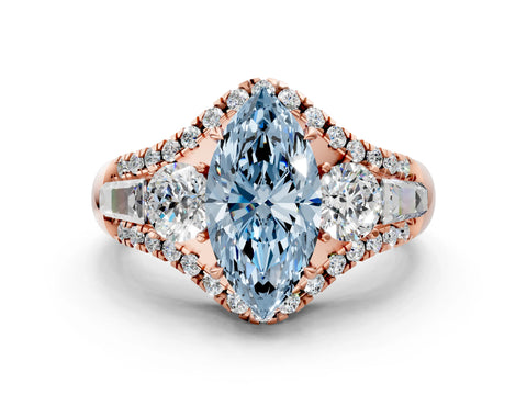 Rose gold Three-Stone Fancy Blue Marquise Cut Diamond Engagement Ring with Pave Band and Prong Setting