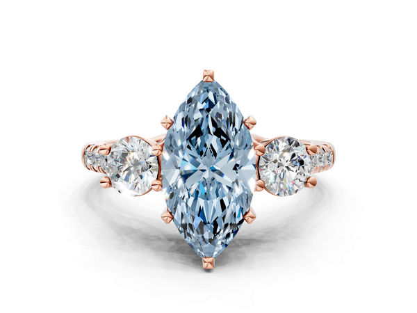 Rose gold Three-Stone Fancy Blue Marquise Cut Diamond Pavé Band with Four-Prong Setting