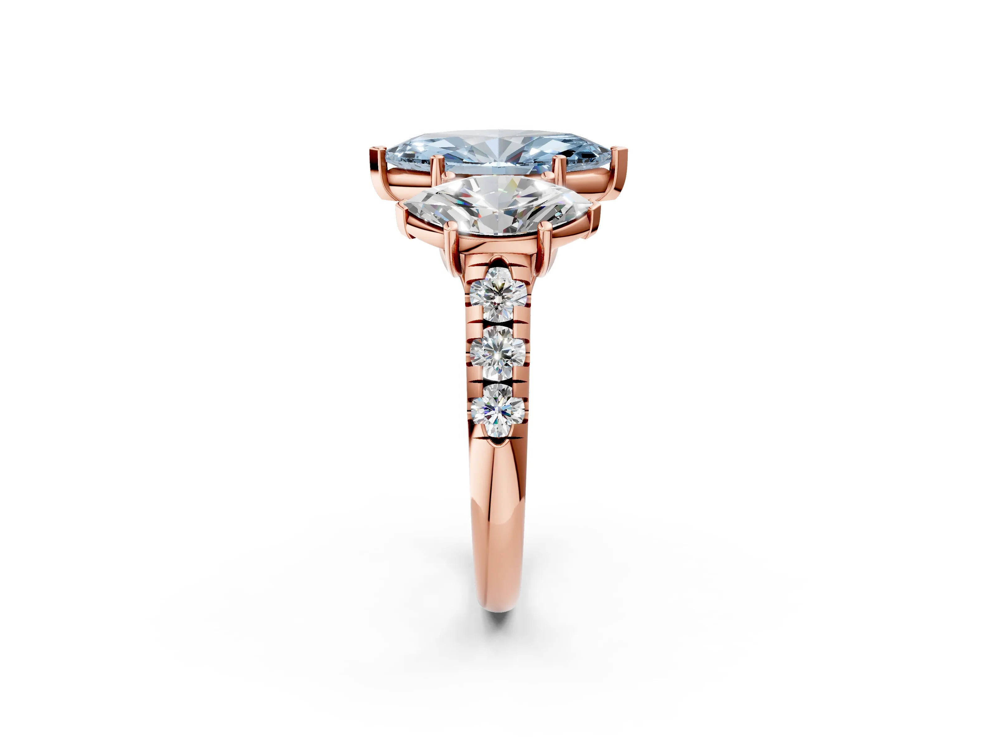 Rose gold Three-Stone Fancy Blue Marquise Cut Diamond Pavé Band with Prong Setting_13