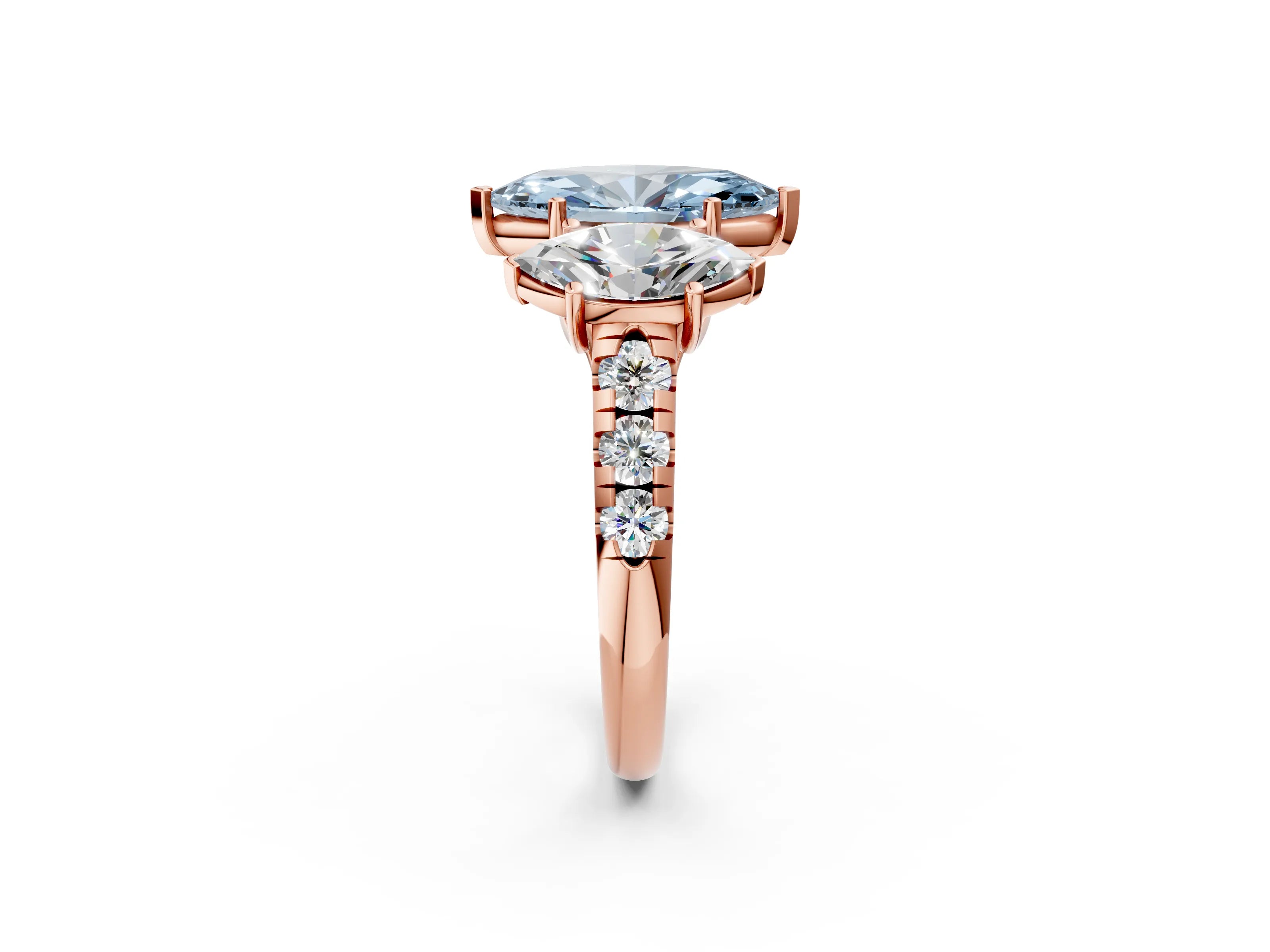 Rose gold Three-Stone Fancy Blue Marquise Cut Diamond Pavé Band with Prong Setting_25