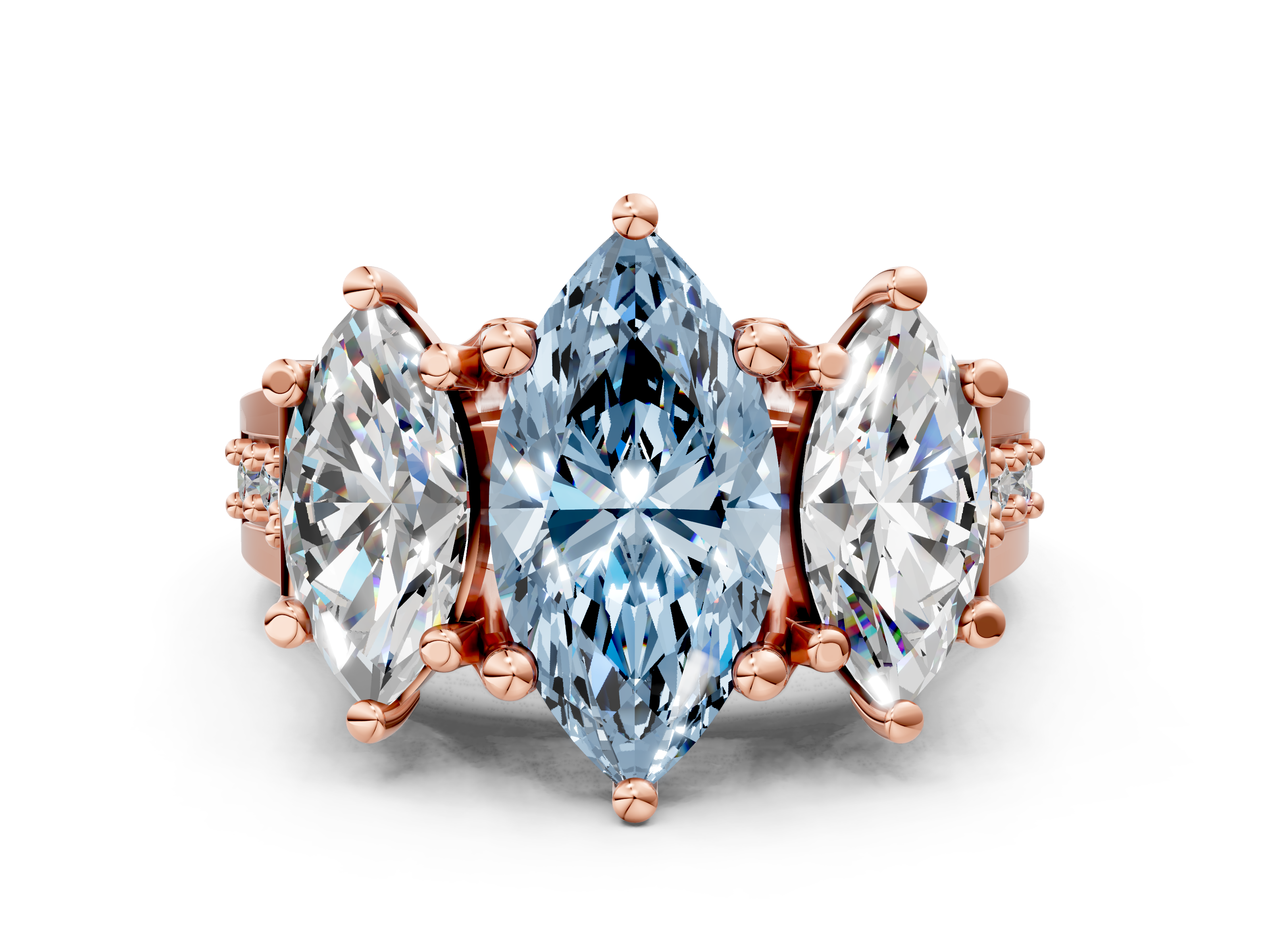 Rose gold Three-Stone Fancy Blue Marquise  Cut Diamond Ring with Channel-Set Band and Four-Prong Setting_35