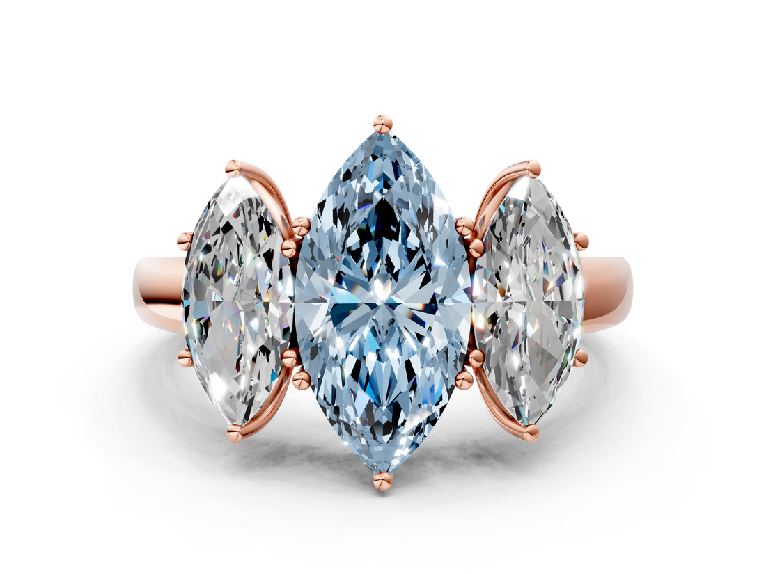 Rose gold Three-Stone Fancy Blue Marquise  Cut Diamond Ring with Channel-Set Band and Four-Prong Setting_61