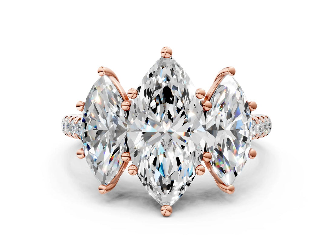 Rose gold Three-Stone Fancy Blue Marquise Cut Diamond Ring with Pavé Band and Prong Setting_63