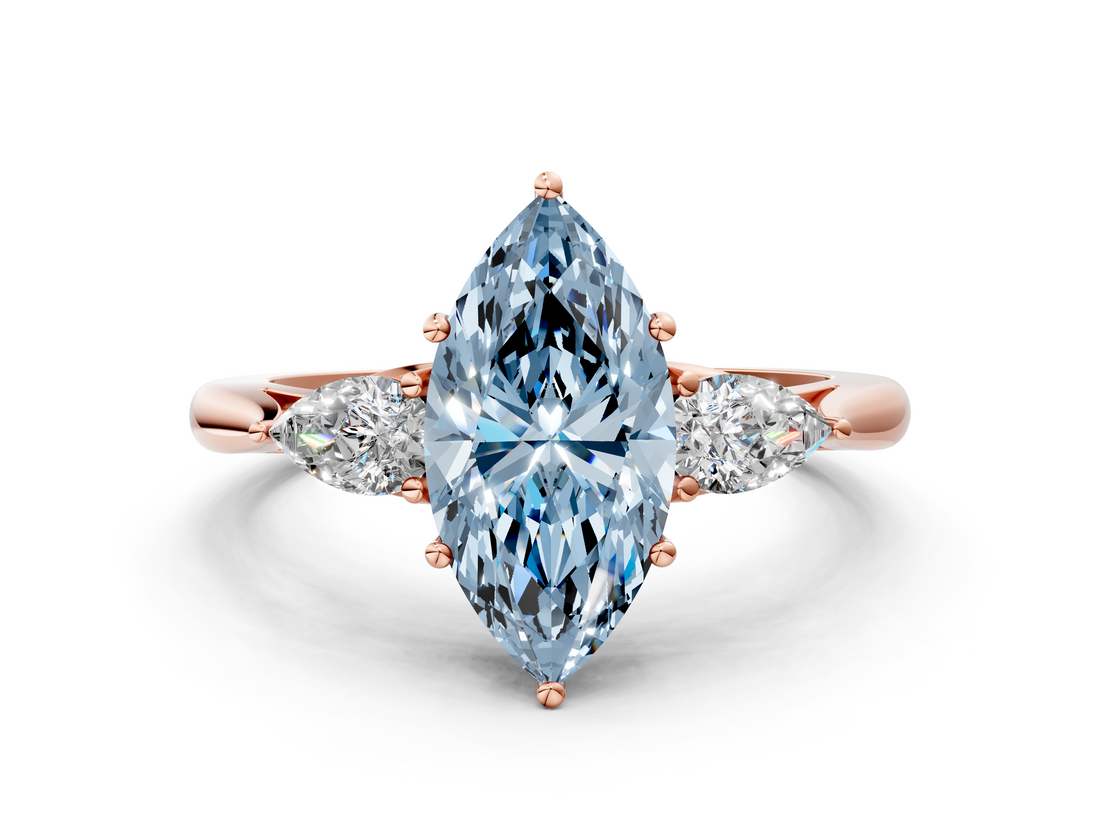 Rose gold Three-Stone Fancy Blue Marquise  Cut Diamond Ring with Pear Side Stones in Four-Prong Setting_107