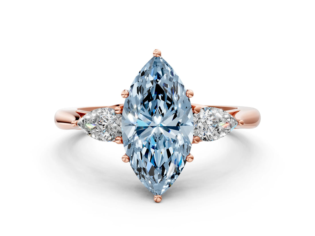 Rose gold Three-Stone Fancy Blue Marquise Cut Diamond Ring with Pear  Side Stones in Four-Prong Setting_48
