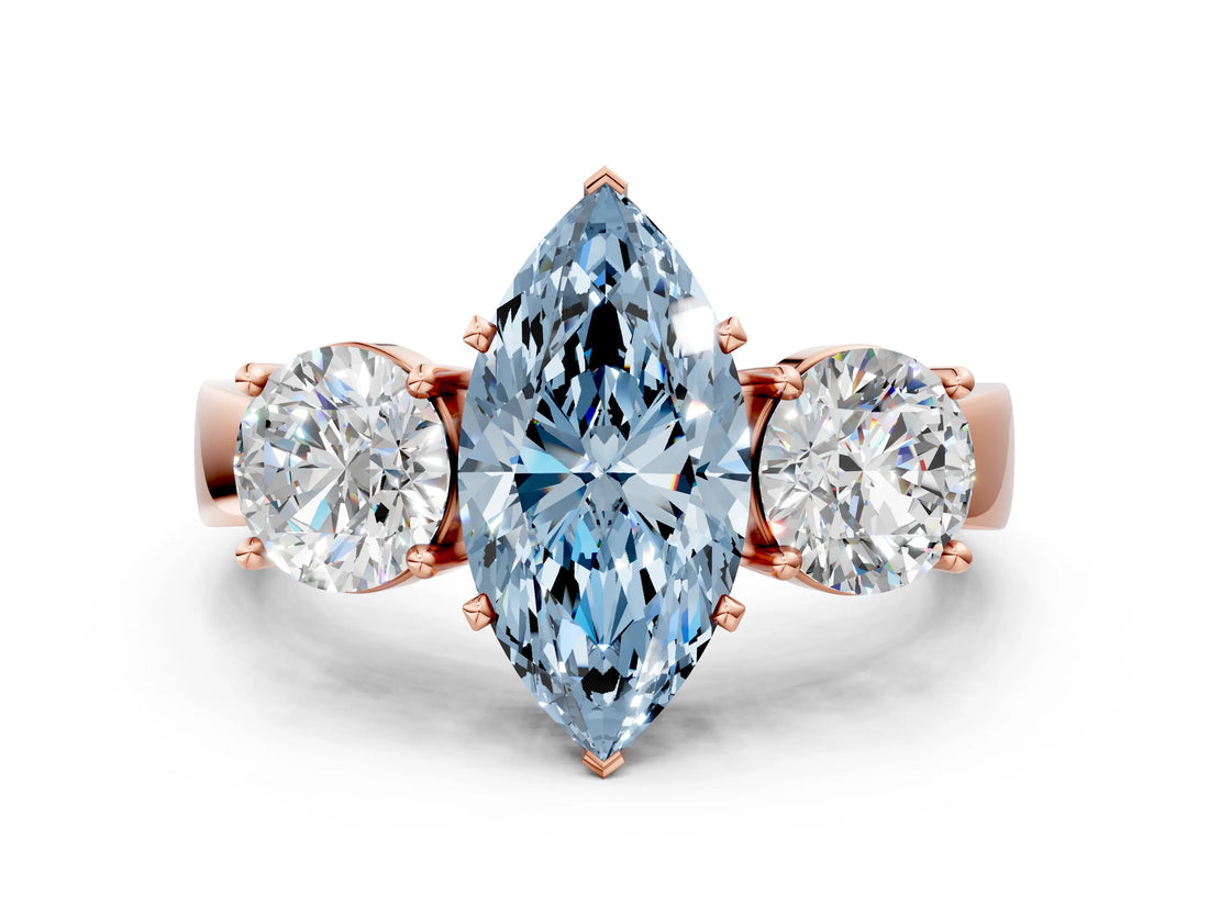 Rose gold Three-Stone Fancy Blue Marquise Cut Diamond Ring with Round Side Stones, Classic Band, and Four-Prong Setting