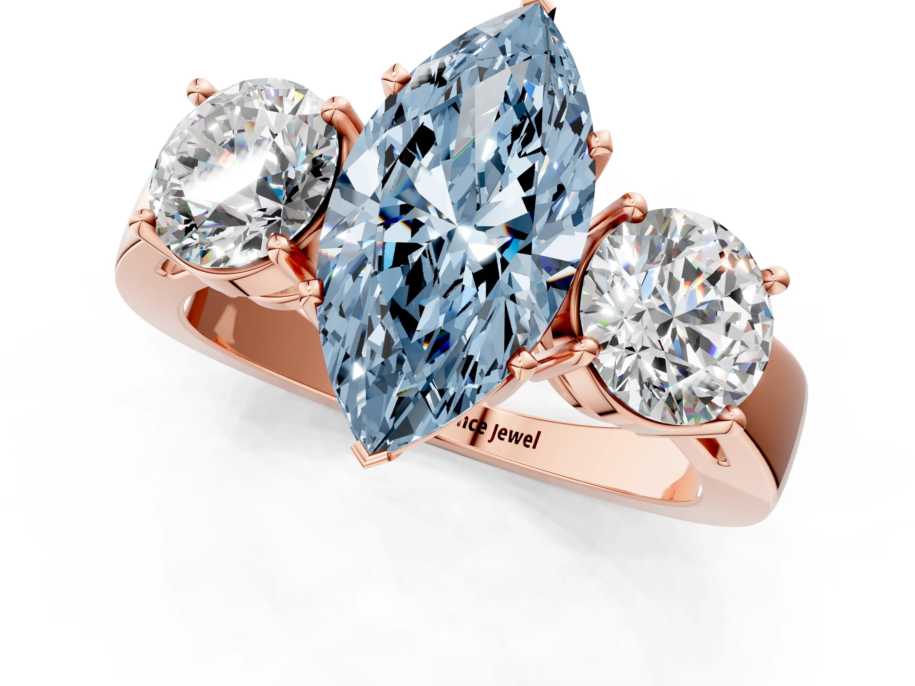 Rose gold Three-Stone Fancy Blue Marquise Cut Diamond Ring with Round Side Stones, Classic Band, and Four-Prong Setting_1