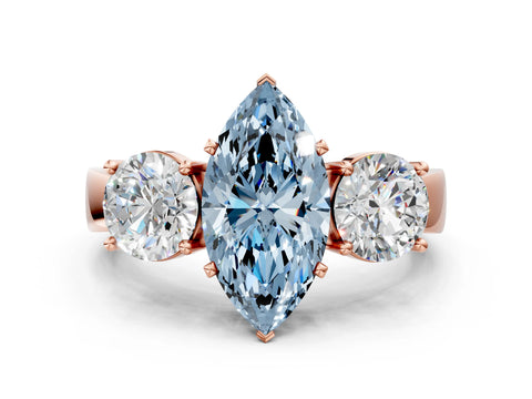 Rose gold Three-Stone Fancy Blue Marquise Cut Diamond Ring with Round Side Stones, Classic Band, and Four-Prong Setting