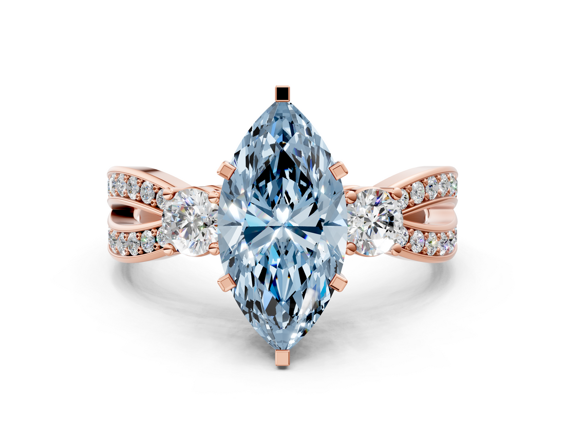 Rose gold Three-Stone Fancy Blue Marquise  Cut Diamond Twist Band with Prong Setting_56