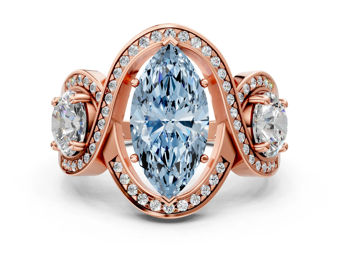 Rose gold Three-Stone Fancy Blue Marquise Cut Diamond Wave Pave Band with Prong Setting