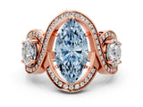 Rose gold Three-Stone Fancy Blue Marquise Cut Diamond Wave Pave Band with Prong Setting