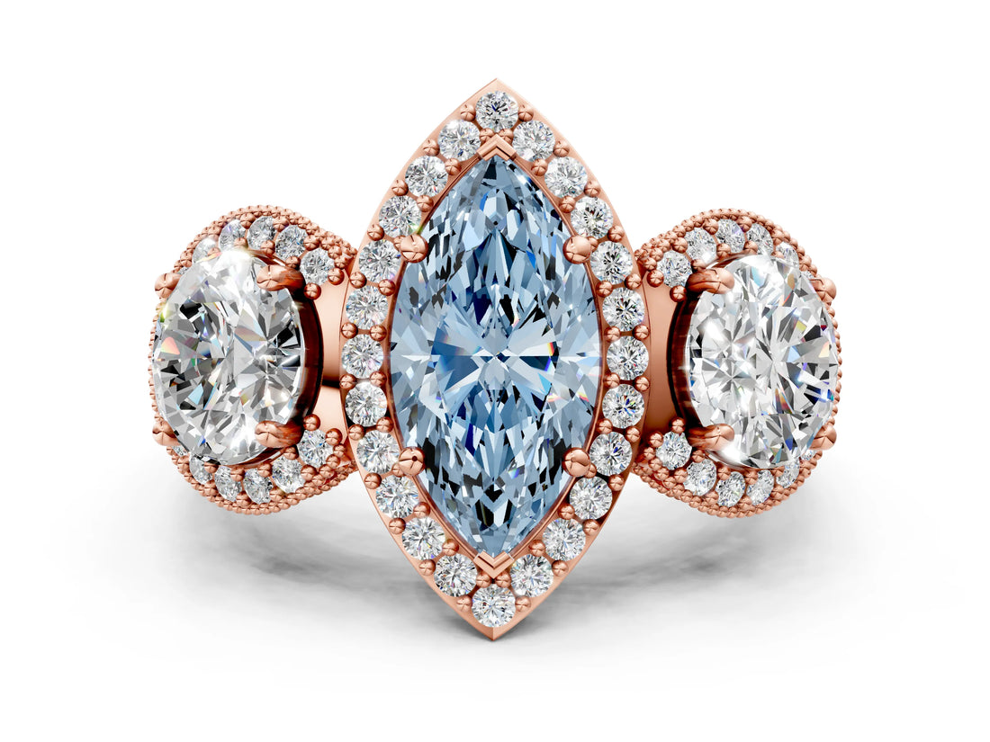 Rose gold Three-Stone Fancy Blue Marquise Cut Halo Diamond Milgrain Band with Four-Prong Setting
