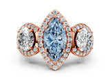 Rose gold Three-Stone Fancy Blue Marquise Cut Halo Diamond Milgrain Band with Four-Prong Setting