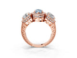 Rose gold Three-Stone Fancy Blue Marquise Cut Halo Diamond Milgrain Band with Four-Prong Setting_3