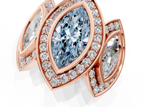 Rose gold Three-Stone Fancy Blue Marquise Cut Halo Pavé Diamond Ring_1
