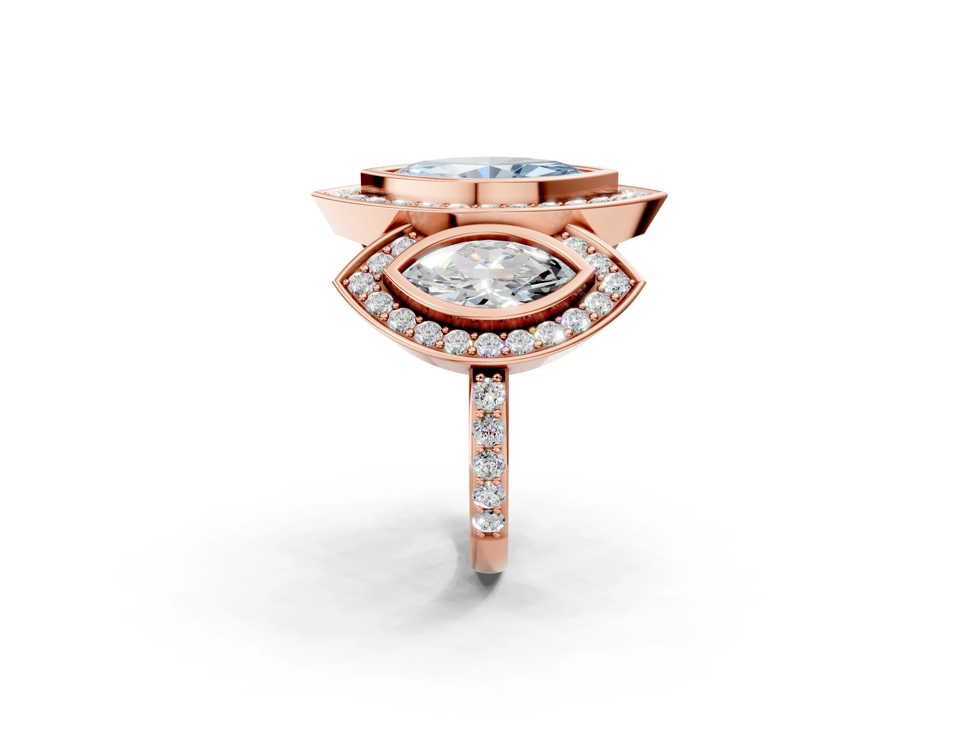 Rose gold Three-Stone Fancy Blue Marquise Cut Halo Pavé Diamond Ring_2