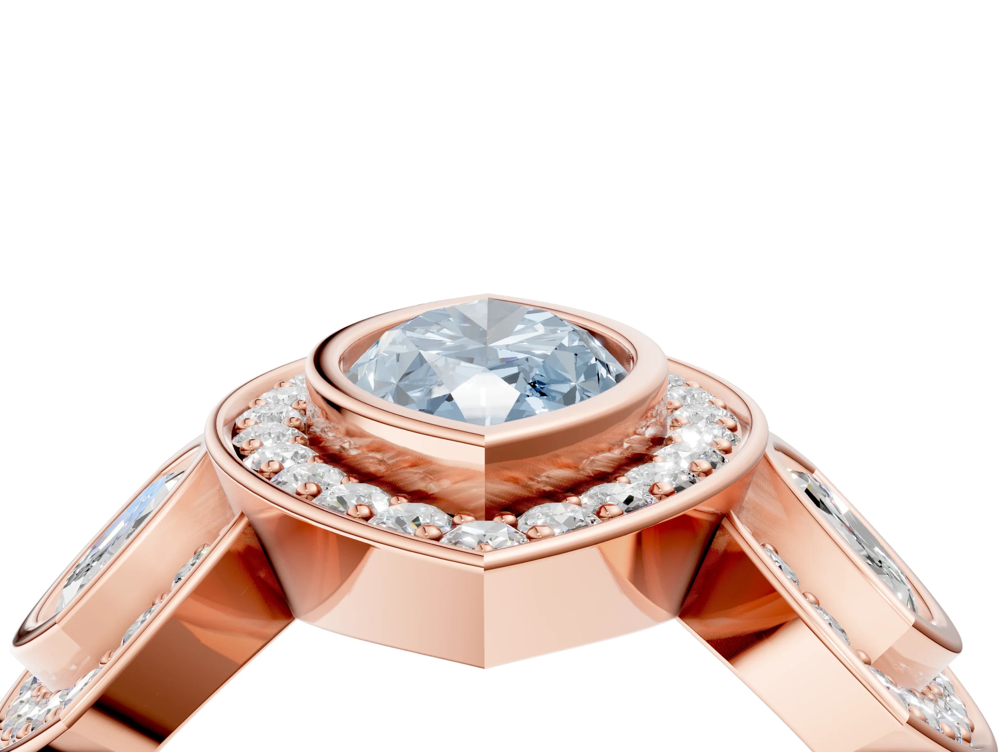 Rose gold Three-Stone Fancy Blue Marquise Cut Halo Pavé Diamond Ring_4
