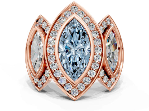 Rose gold Three-Stone Fancy Blue Marquise Cut Halo Pavé Diamond Ring