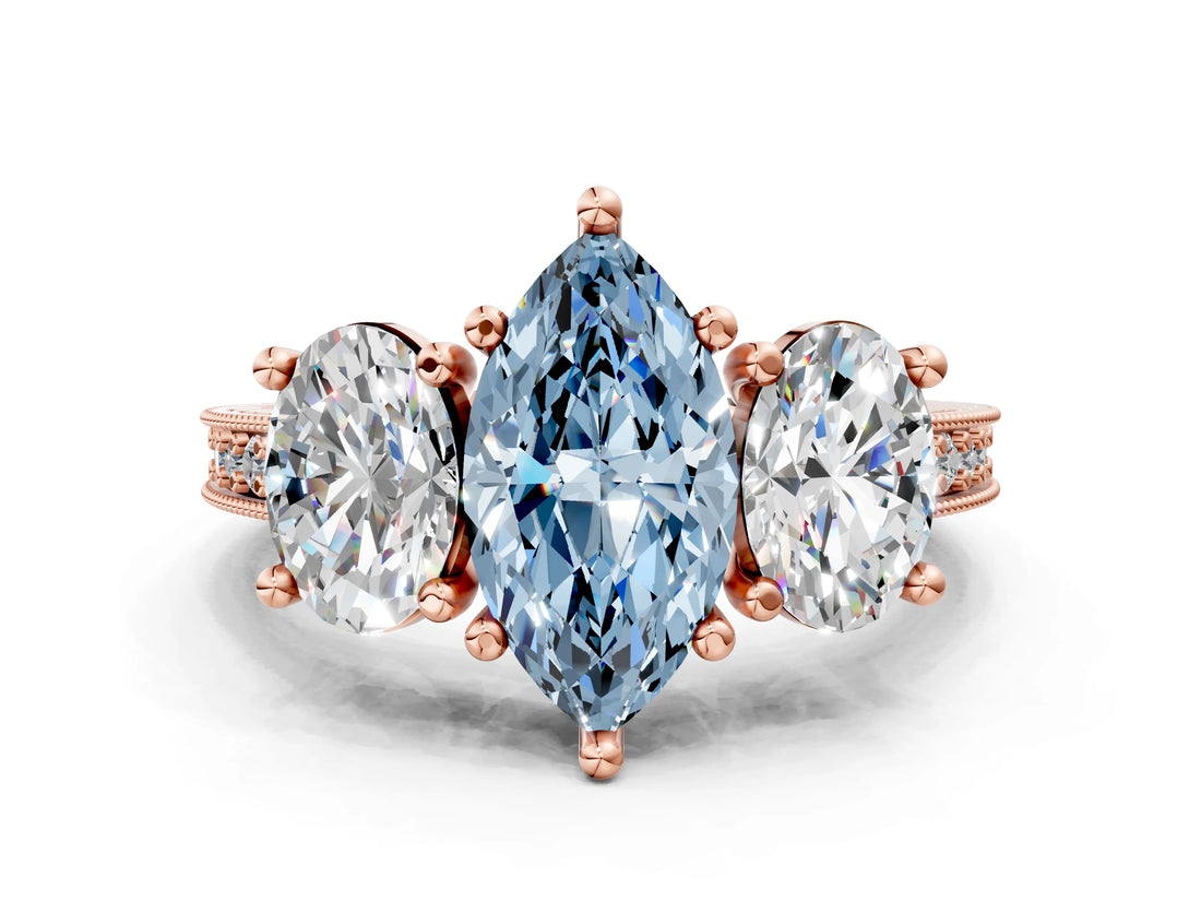 Rose gold Three-Stone Fancy Blue Marquise  Diamond Milgrain Pave Band with Prong Setting
