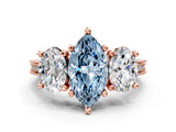 Rose gold Three-Stone Fancy Blue Marquise  Diamond Milgrain Pave Band with Prong Setting