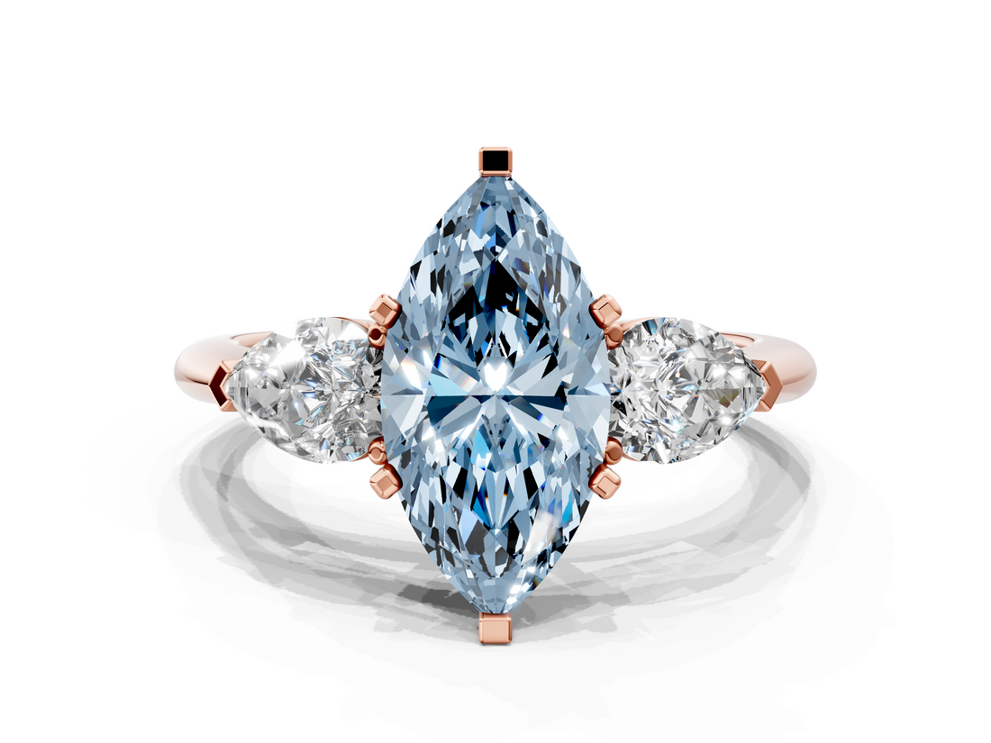 Rose gold Three-Stone Fancy Blue Marquise  Diamond Ring with Pear Side Stones in Four-Prong Setting_76
