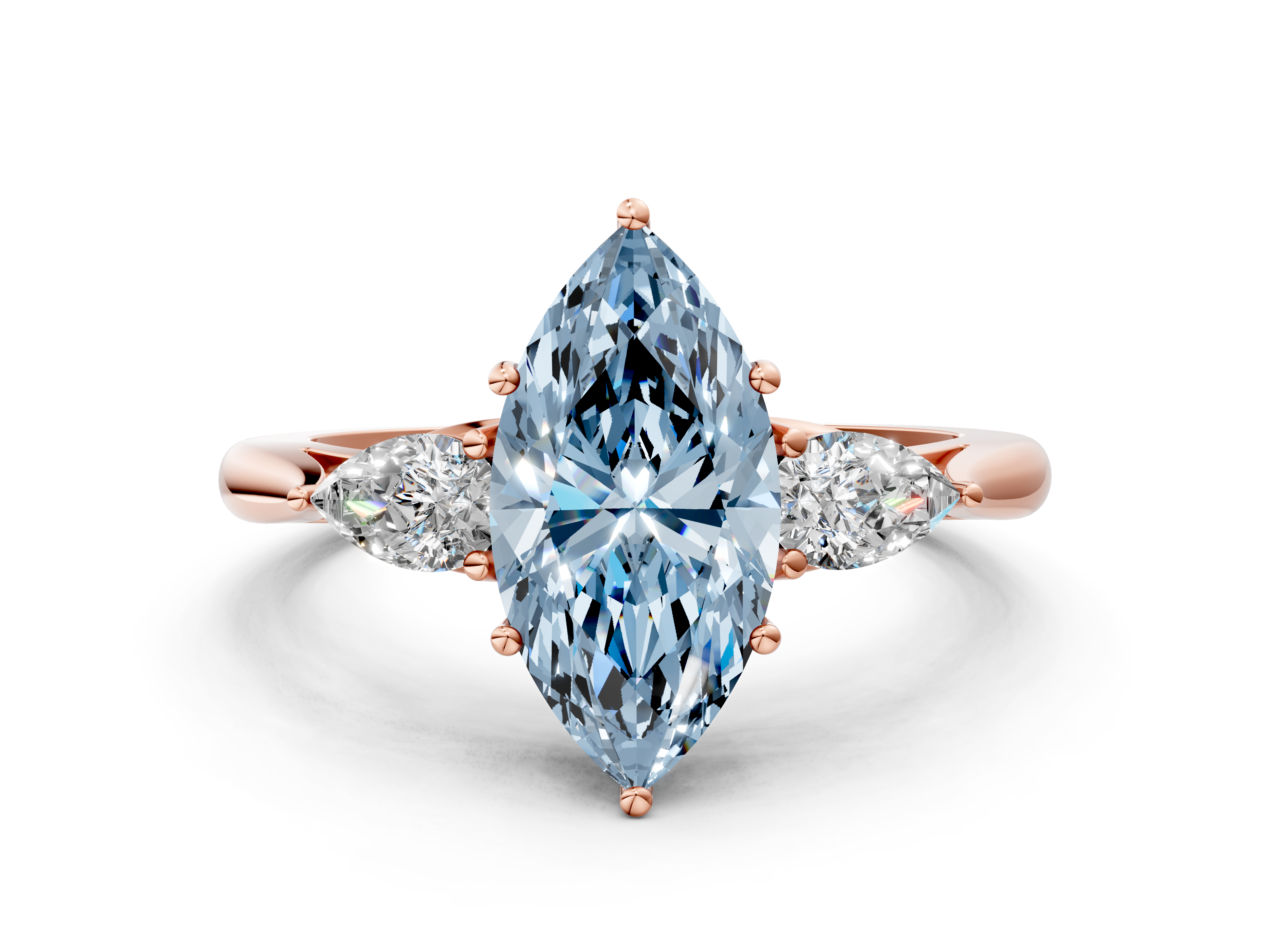 Rose gold Three-Stone Fancy Blue Marquise  Diamond Solitaire Ring with Pear Side Stones and Four-Prong Setting_31