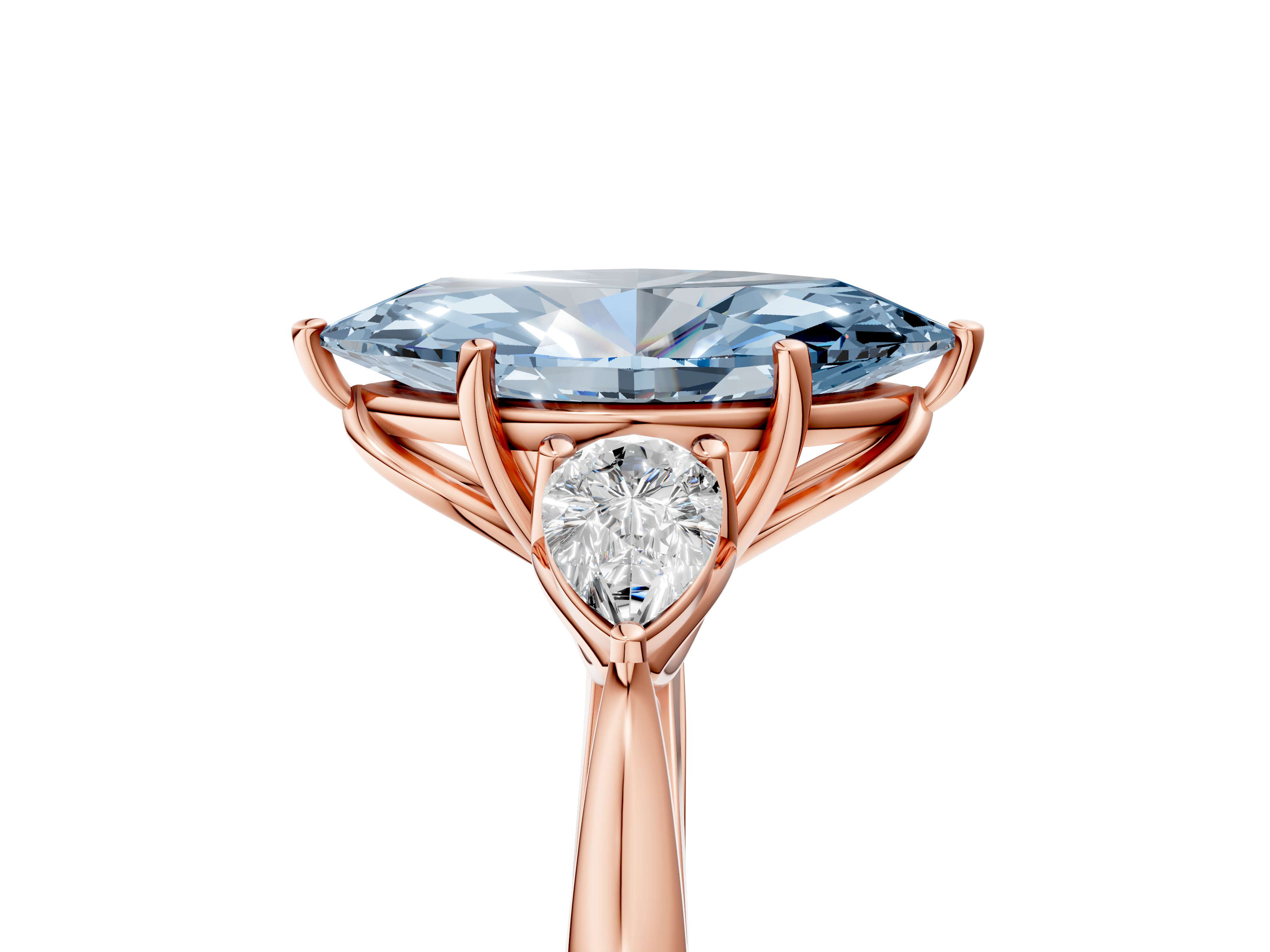 Rose gold Three-Stone Fancy Blue Marquise  Diamond Solitaire Ring with Pear Side Stones and Four-Prong Setting_36