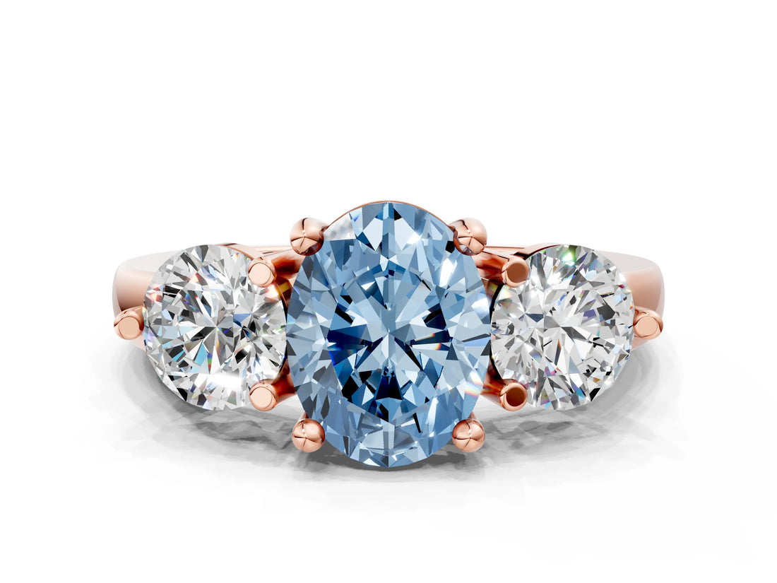 Rose gold Three-Stone Fancy Blue Oval  Brilliant Cut Solitaire Ring with Prong Setting on a Classic Band 2