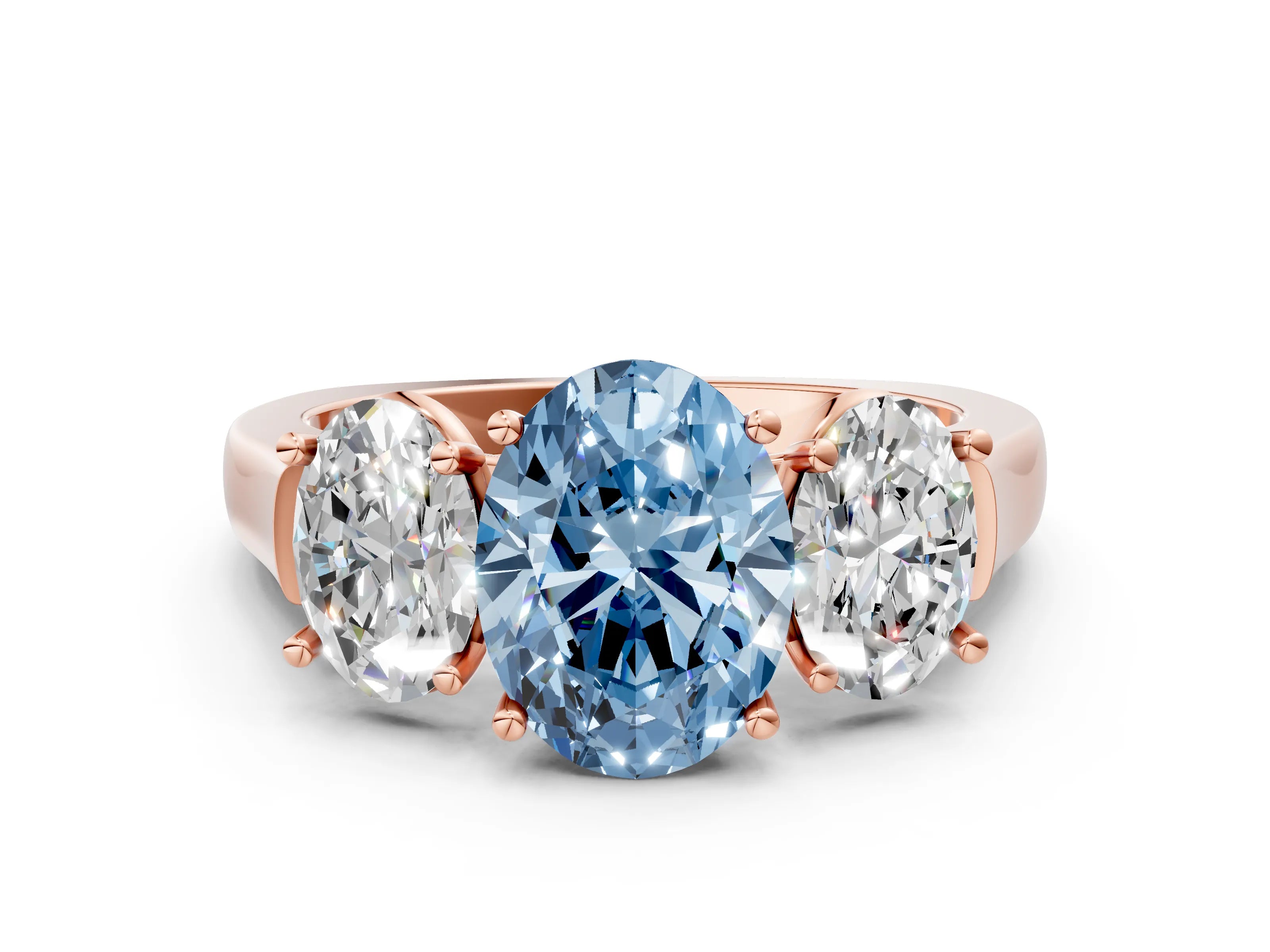 Rose gold Three-Stone Fancy Blue Oval Cut Brilliant Diamond Trellis Ring with Comfort Fit Band