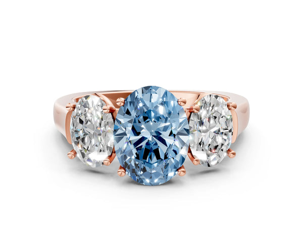Rose gold Three-Stone Fancy Blue Oval Cut Brilliant Diamond Trellis Ring with Comfort Fit Band