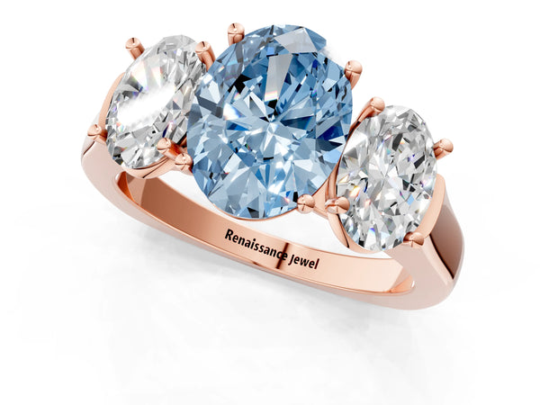 Rose gold Three-Stone Fancy Blue Oval Cut Brilliant Diamond Trellis Ring with Comfort Fit Band