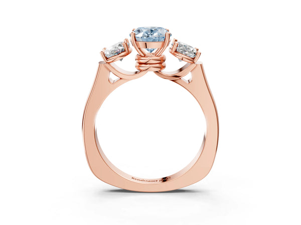 Rose gold Three-Stone Fancy Blue Oval Cut Brilliant Diamond Trellis Ring with Comfort Fit Band