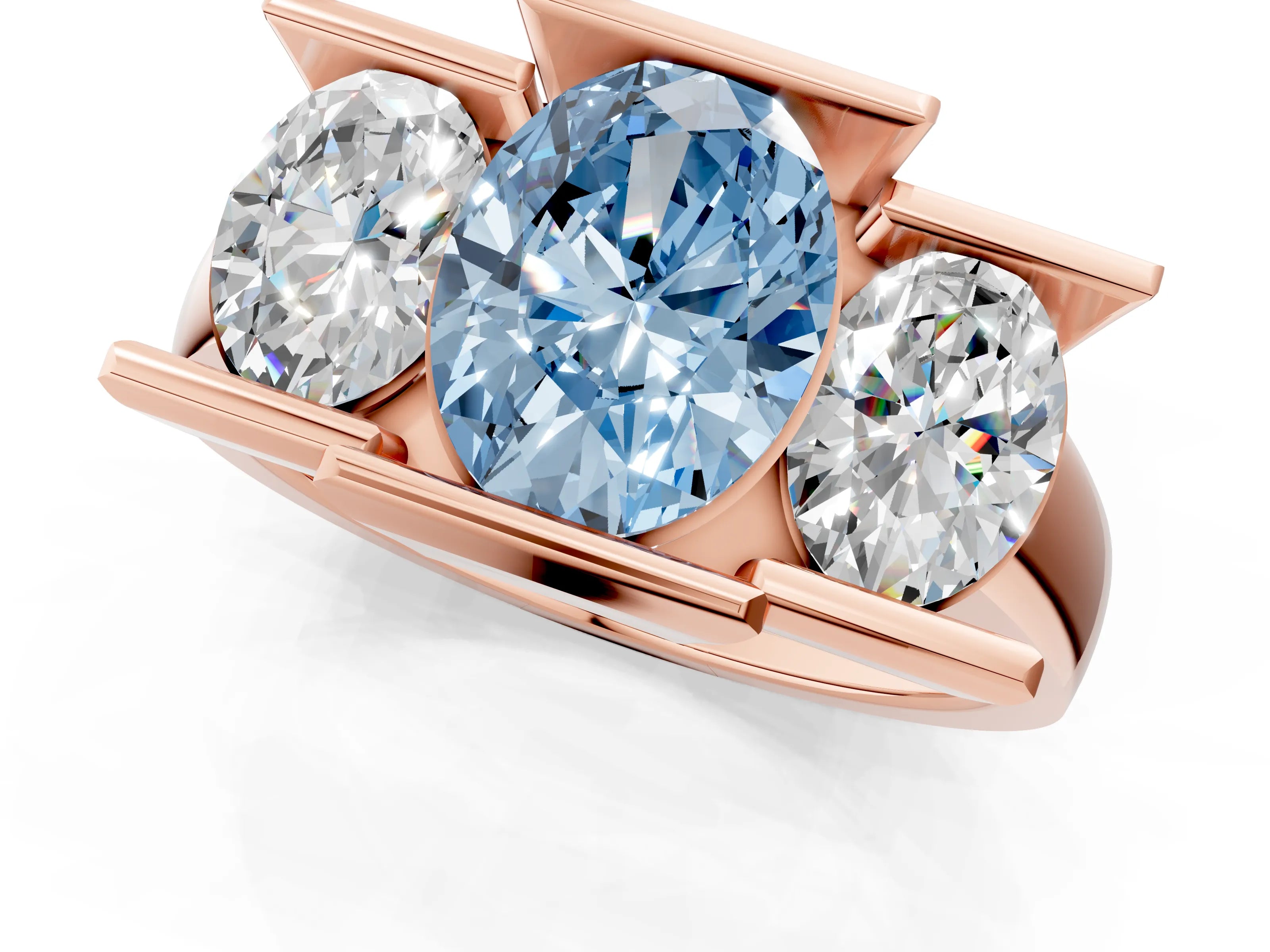 Rose gold Three Stone Fancy Blue Oval Cut Cut Channel Set Diamond Ring_1