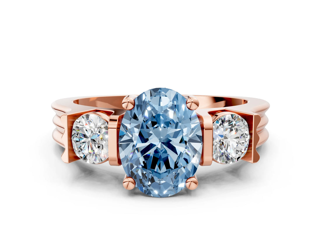 Rose gold Three-Stone Fancy Blue Oval Cut Cut Classic Band Prong Setting Ring