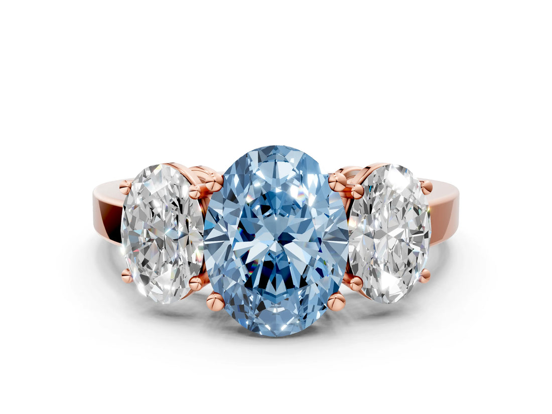Rose gold Three-Stone Fancy Blue Oval Cut Cut Diamond Engagement Ring with Flat Band and Four-Prong Setting_12