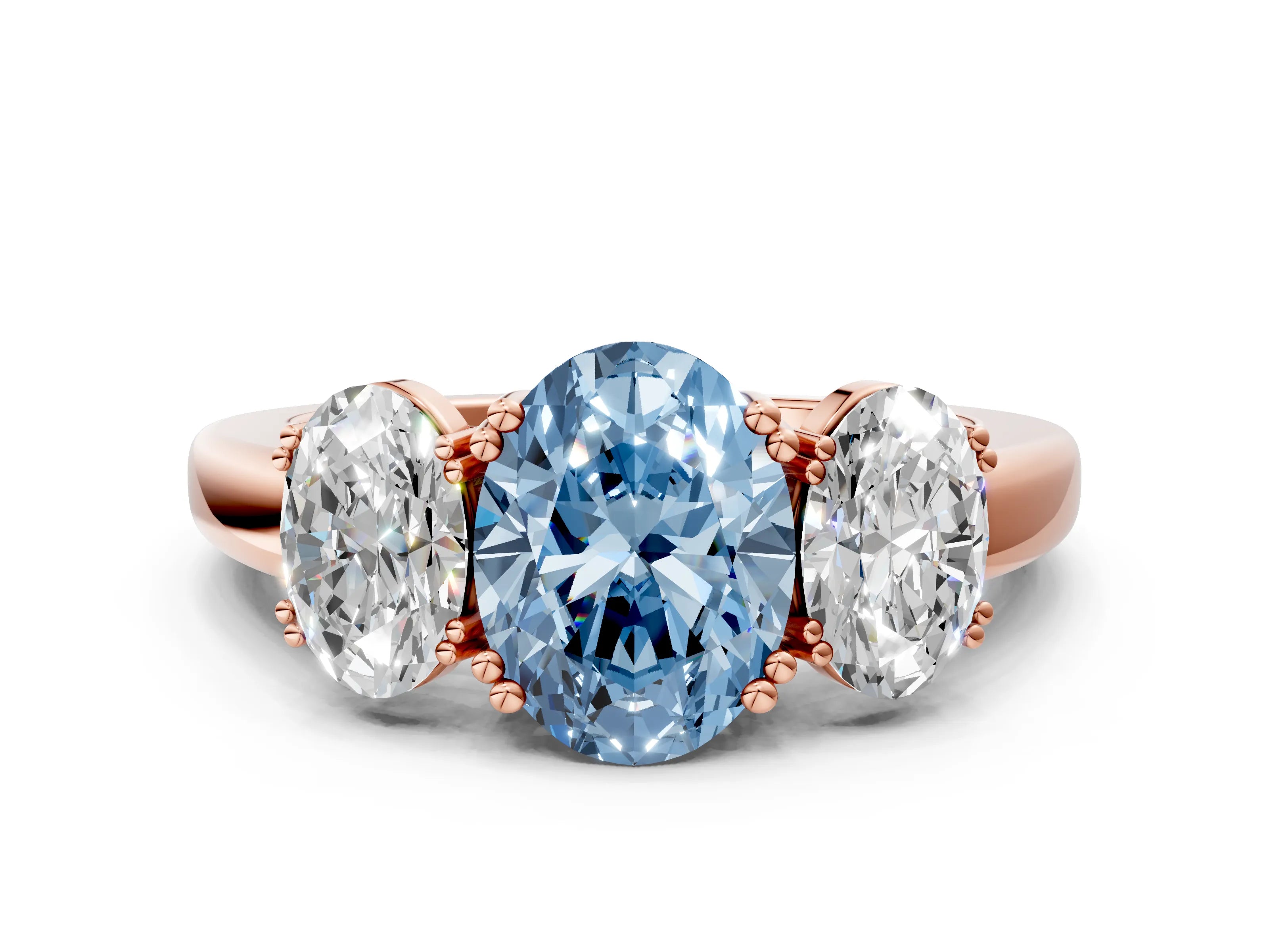 Rose gold Three-Stone Fancy Blue Oval Cut Cut Diamond Ring with Channel Set Band and Four-Prong Setting