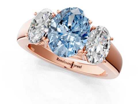 Rose gold Three-Stone Fancy Blue Oval Cut Cut Diamond Ring with Prong Setting and Classic Band_1