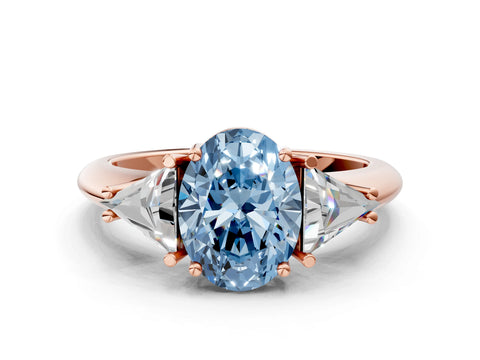 Rose gold Three-Stone Fancy Blue Oval Cut Cut Diamond Ring with Trillion Side Stones and Four-Prong Setting_3