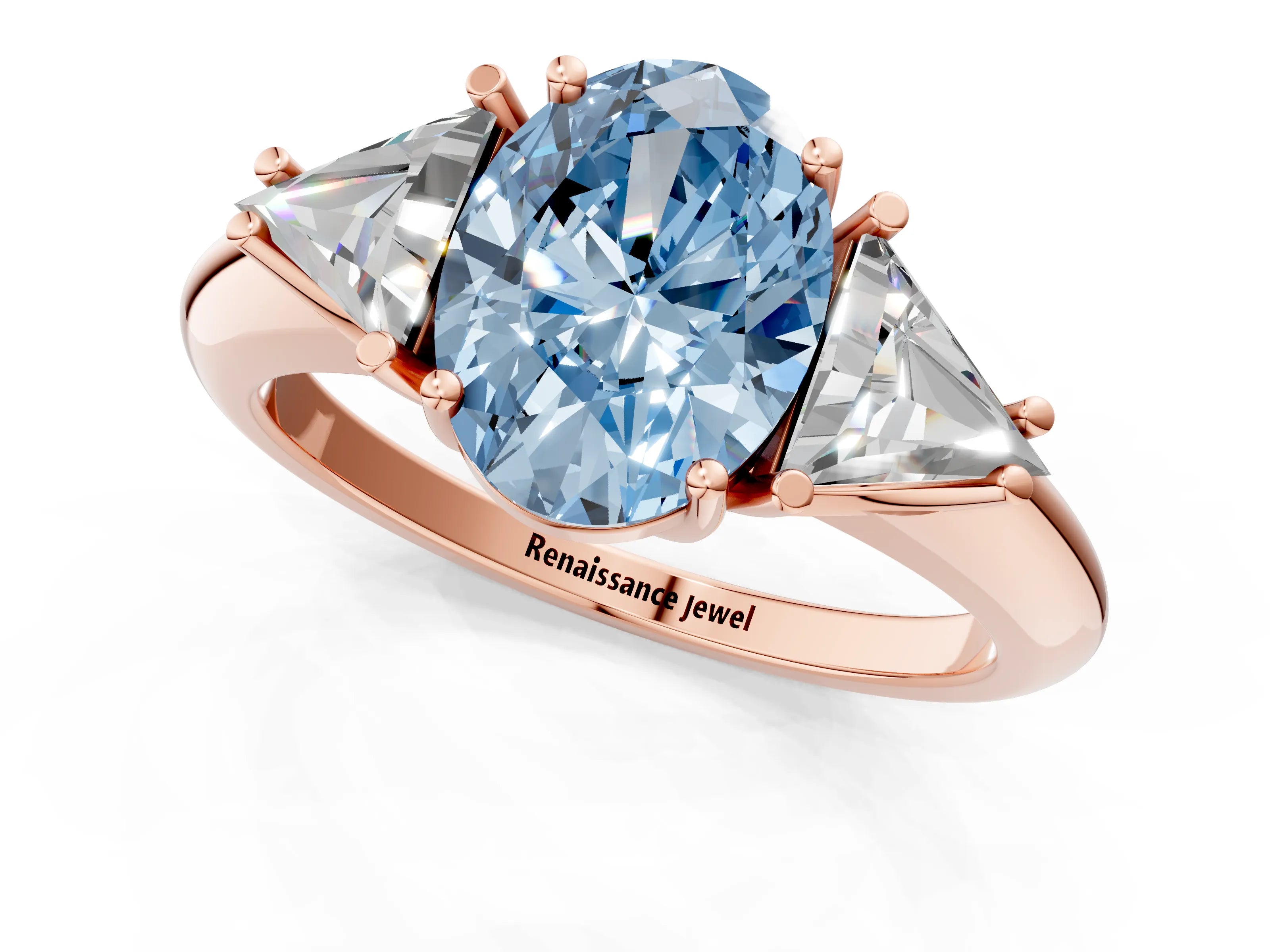 Rose gold Three-Stone Fancy Blue Oval Cut Cut Diamond Ring with Trillion Side Stones and Four-Prong Setting_4