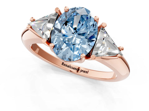 Rose gold Three-Stone Fancy Blue Oval Cut Cut Diamond Ring with Trillion Side Stones and Four-Prong Setting_4