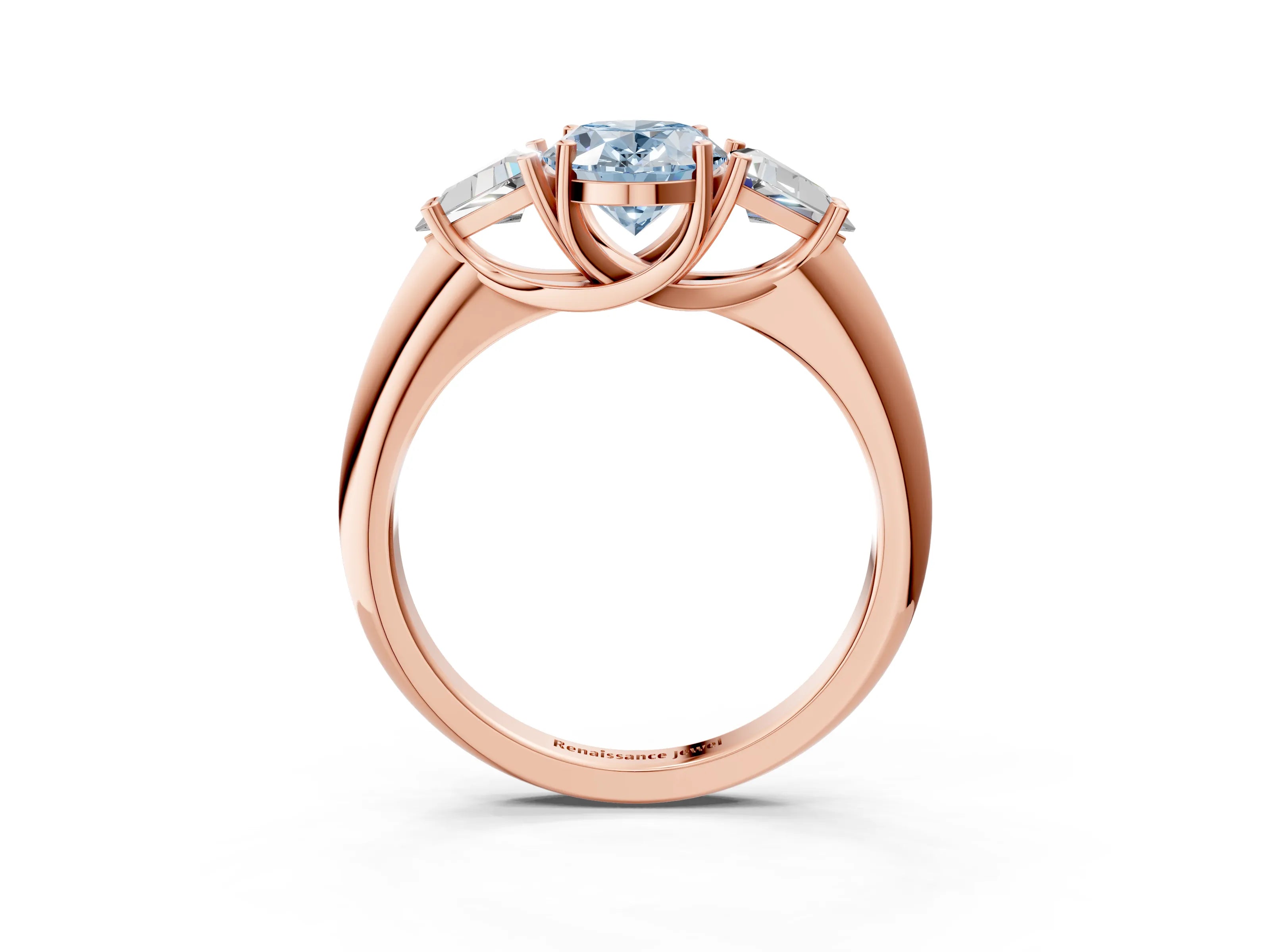 Rose gold Three-Stone Fancy Blue Oval Cut Cut Diamond Ring with Trillion Side Stones and Four-Prong Setting_6