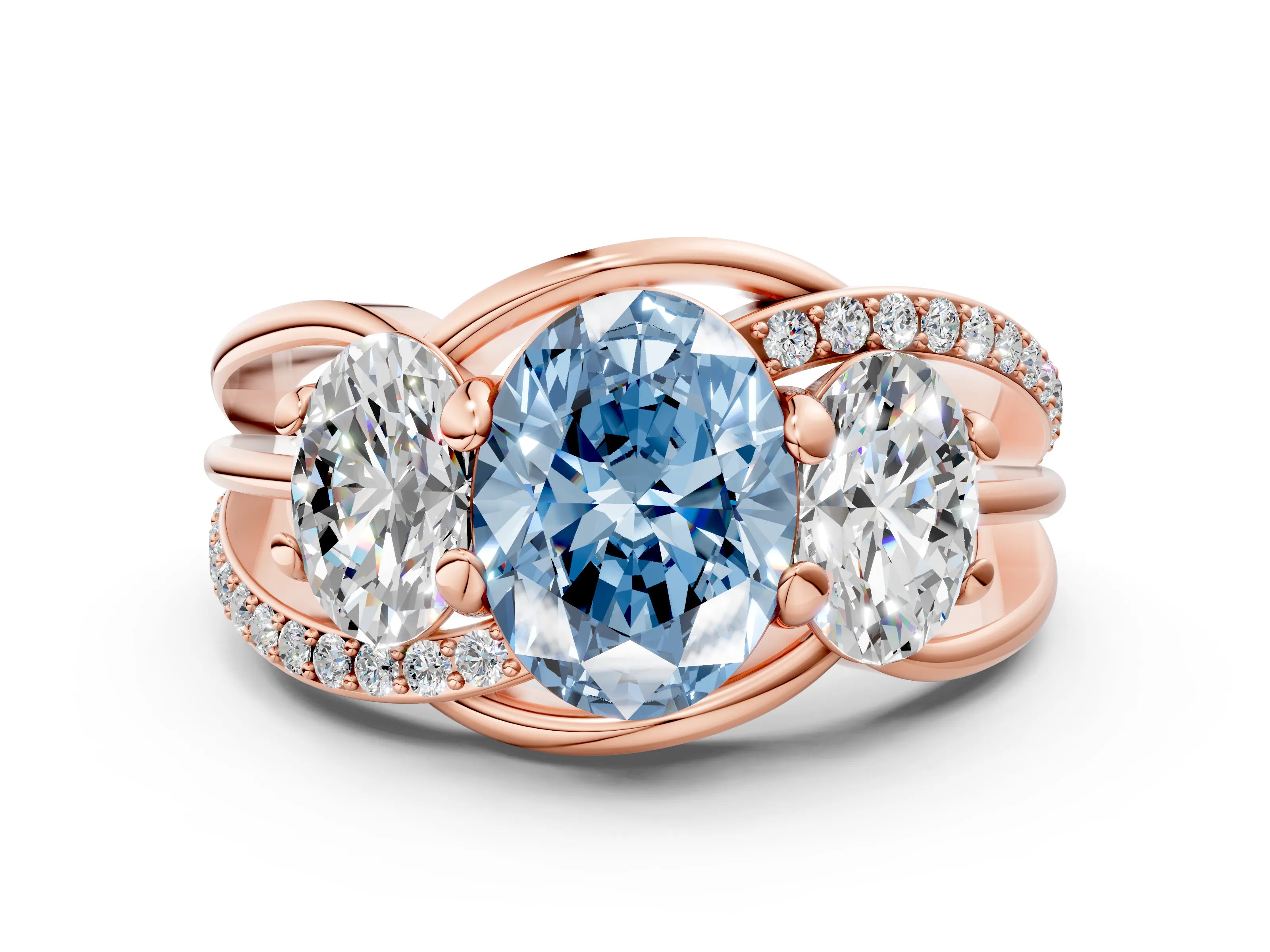 Rose gold Three-Stone Fancy Blue Oval Cut Cut Diamond Split Shank Prong Set Ring