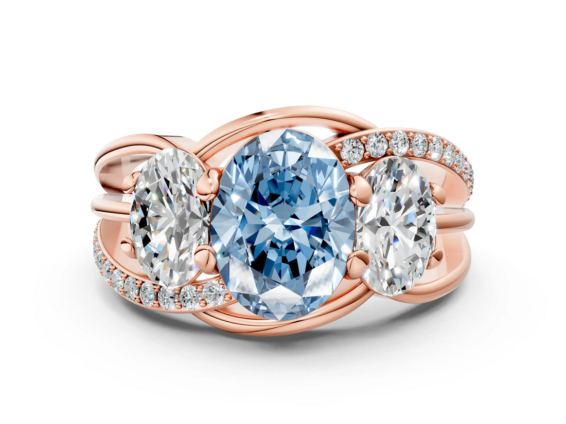 Rose gold Three-Stone Fancy Blue Oval Cut Cut Diamond Split Shank Prong Set Ring