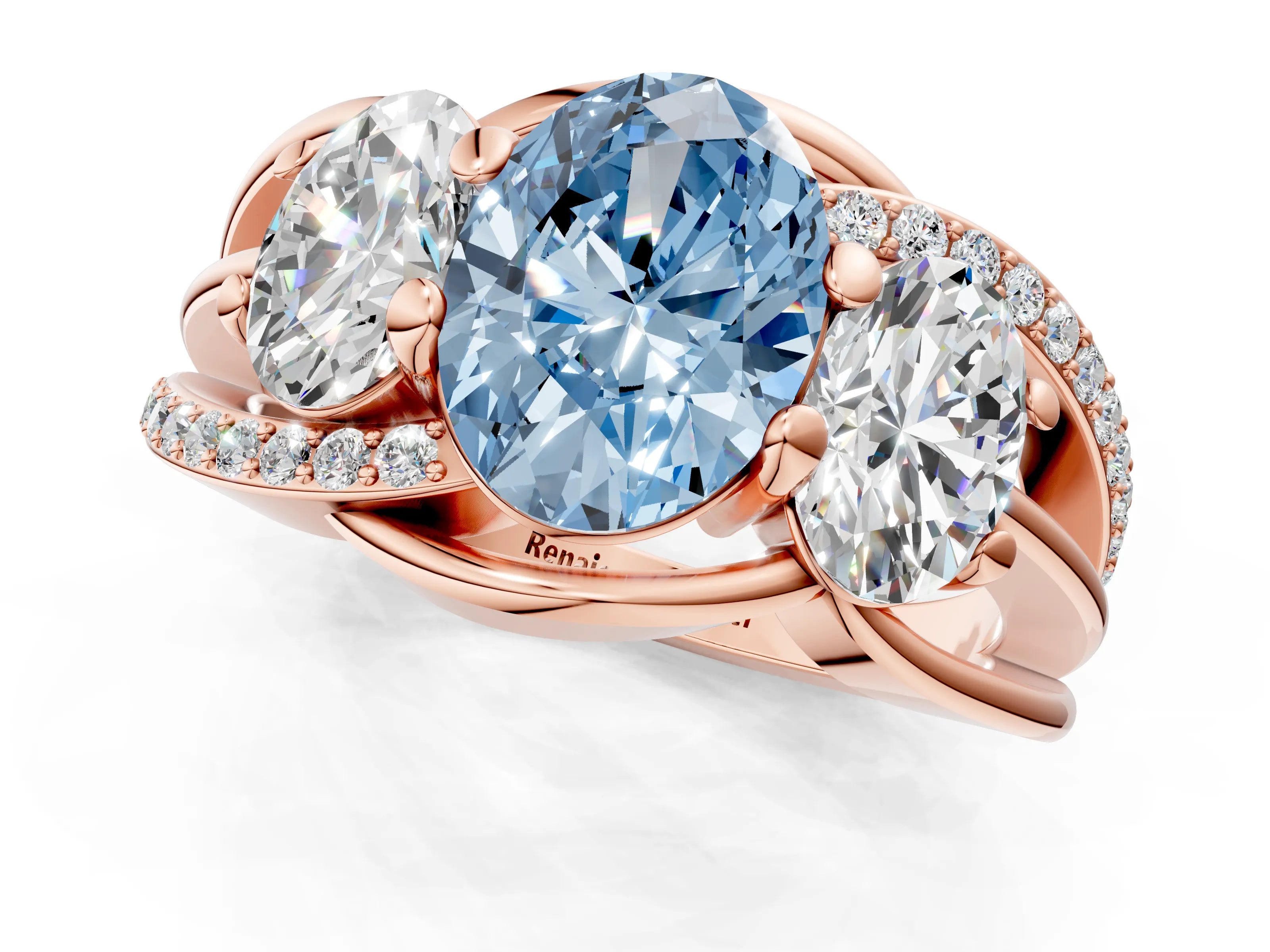 Rose gold Three-Stone Fancy Blue Oval Cut Cut Diamond Split Shank Prong Set Ring_1