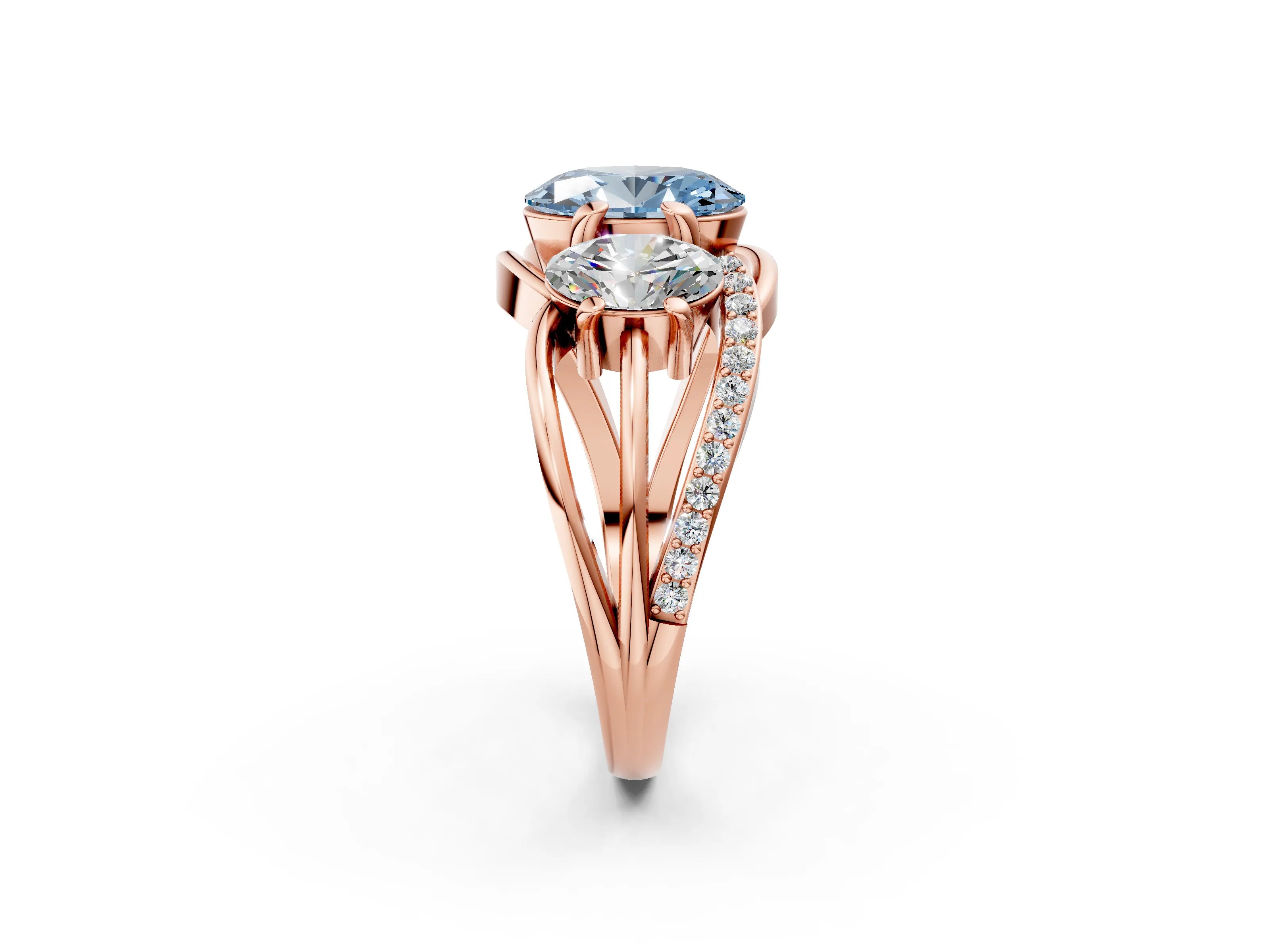 Rose gold Three-Stone Fancy Blue Oval Cut Cut Diamond Split Shank Prong Set Ring_2