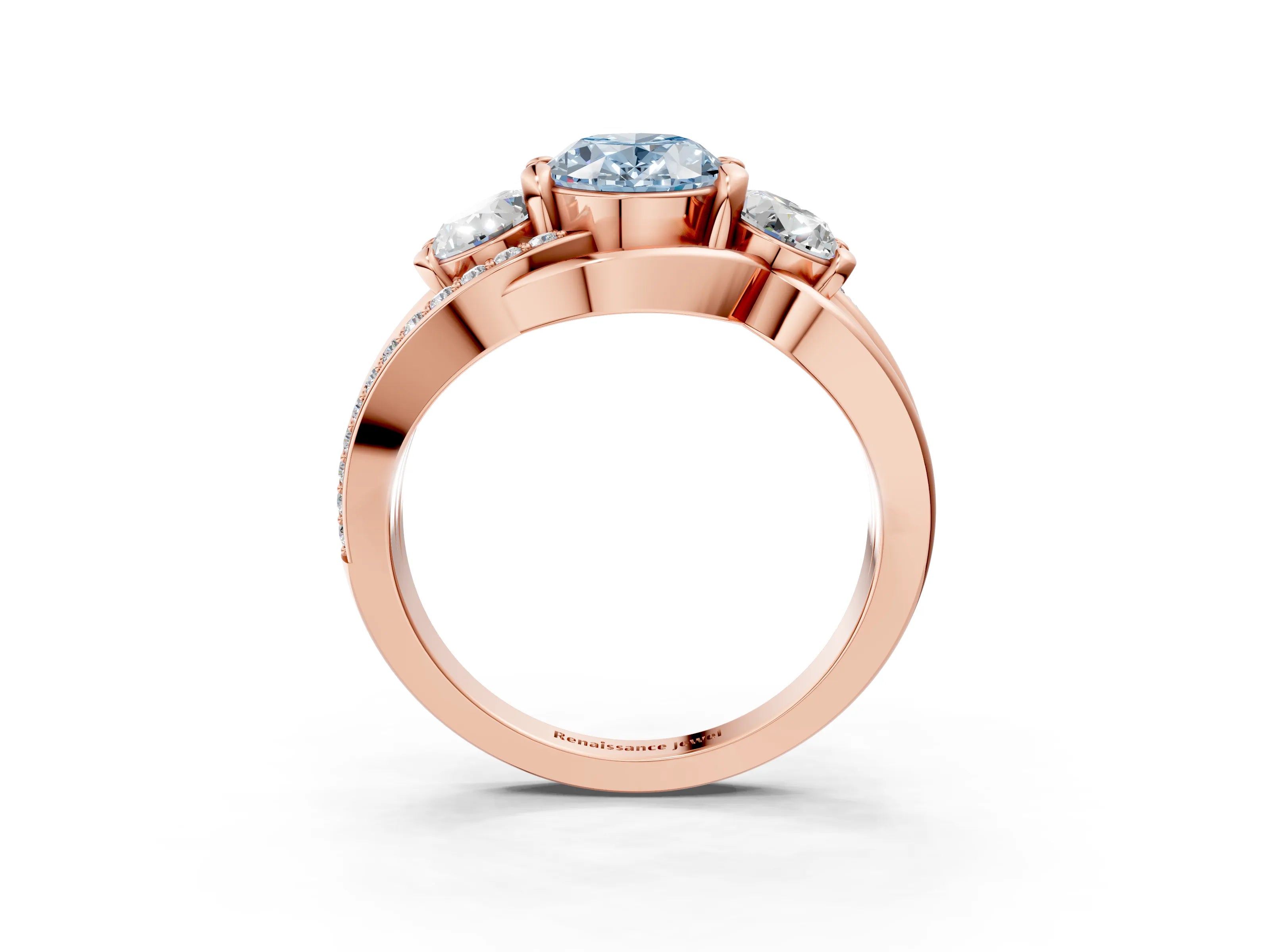 Rose gold Three-Stone Fancy Blue Oval Cut Cut Diamond Split Shank Prong Set Ring_3