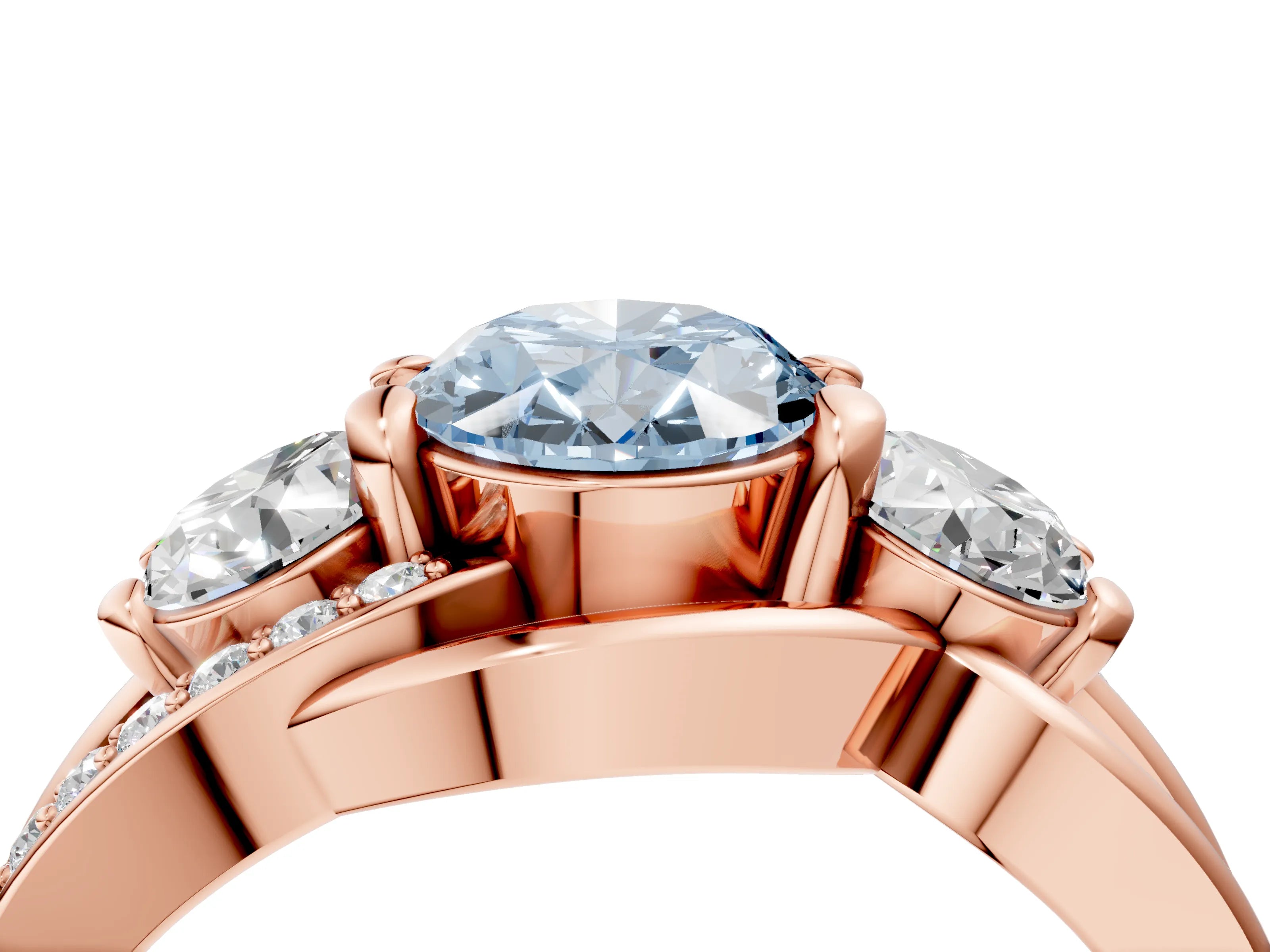 Rose gold Three-Stone Fancy Blue Oval Cut Cut Diamond Split Shank Prong Set Ring_4