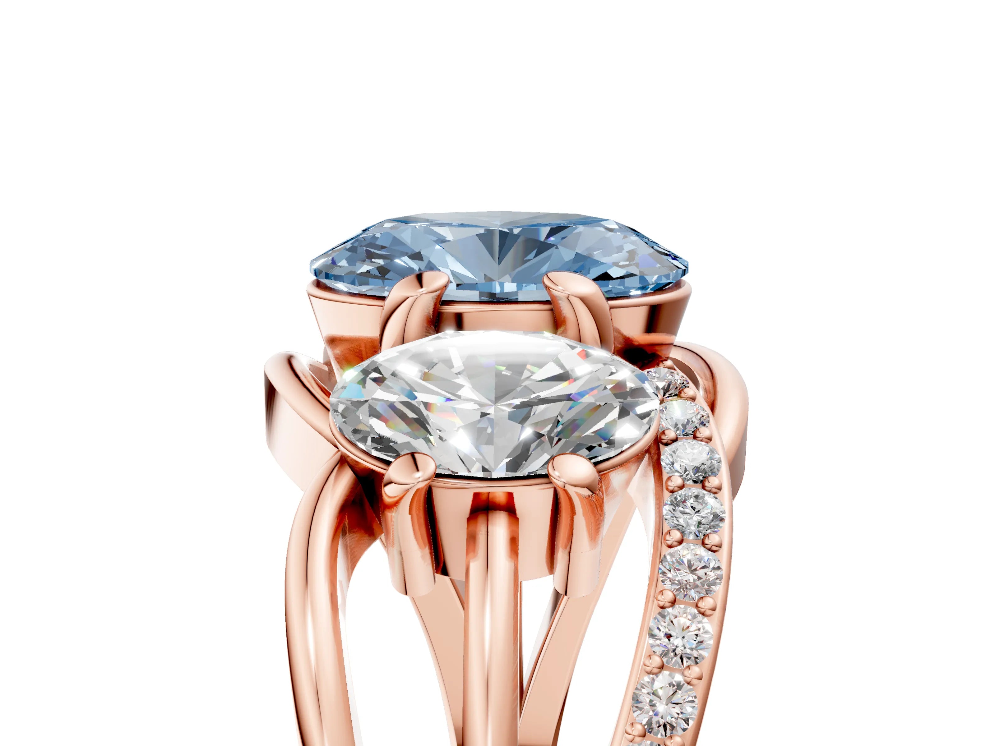 Rose gold Three-Stone Fancy Blue Oval Cut Cut Diamond Split Shank Prong Set Ring_5