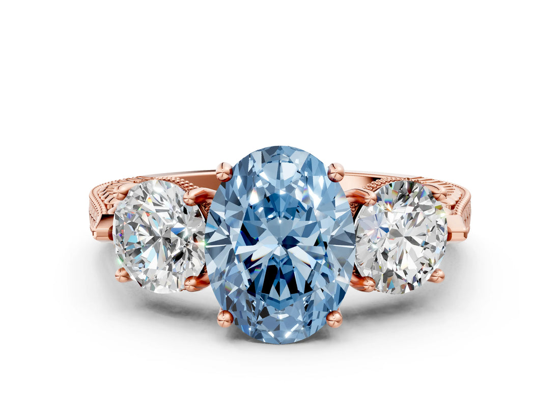 Rose gold Three-Stone Fancy Blue Oval Cut Cut Milgrain Band Prong Setting Ring