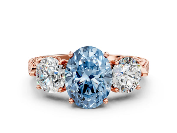 Rose Gold Oval Vintage Three Stone Engagement Ring Setting for Fancy Blue Center